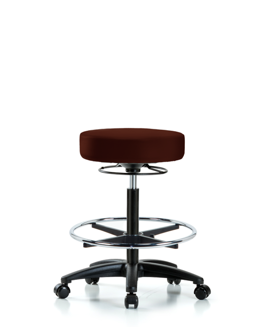 Blue Ridge Ergonomics VHBSO-RG-CF-RC-8569 Rutledge Vinyl Stool without Back - High Bench Height with Chrome Foot Ring & Casters in Burgundy Trailblazer™ Vinyl