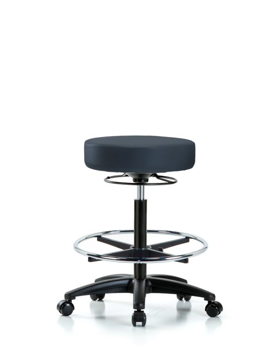 Blue Ridge Ergonomics VHBSO-RG-CF-RC-8582 Rutledge Vinyl Stool without Back - High Bench Height with Chrome Foot Ring & Casters in Imperial Blue Trailblazer™ Vinyl