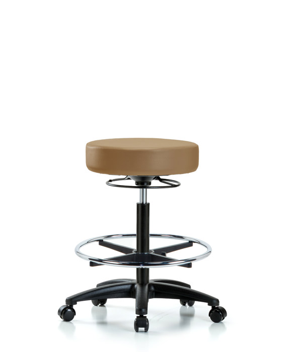 Blue Ridge Ergonomics VHBSO-RG-CF-RC-8584 Rutledge Vinyl Stool without Back - High Bench Height with Chrome Foot Ring & Casters in Taupe Trailblazer™ Vinyl