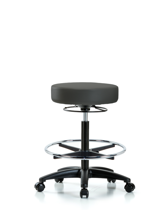 Blue Ridge Ergonomics VHBSO-RG-CF-RC-8605 Rutledge Vinyl Stool without Back - High Bench Height with Chrome Foot Ring & Casters in Charcoal Trailblazer™ Vinyl