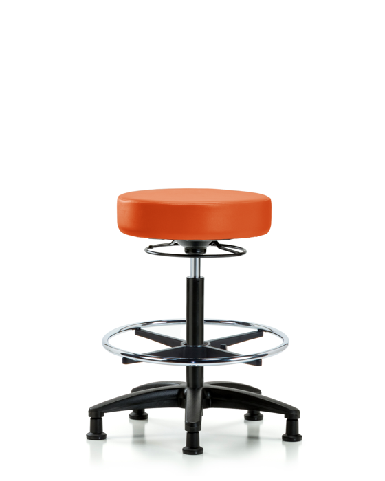 Blue Ridge Ergonomics VHBSO-RG-CF-RG-8613 Rutledge Vinyl Stool without Back - High Bench Height with Chrome Foot Ring & Stationary Glides in Orange Kist Trailblazer™ Vinyl