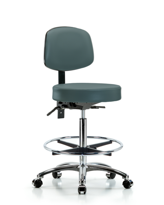 Blue Ridge Ergonomics VHBST-CR-T0-CF-CC-8546 Rutledge Vinyl Stool with Back Chrome - High Bench Height with Chrome Foot Ring & Casters in Colonial Blue Trailblazer™ Vinyl