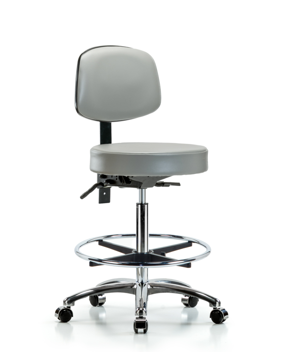 Blue Ridge Ergonomics VHBST-CR-T0-CF-CC-8567 Rutledge Vinyl Stool with Back Chrome - High Bench Height with Chrome Foot Ring & Casters in Dove Trailblazer™ Vinyl