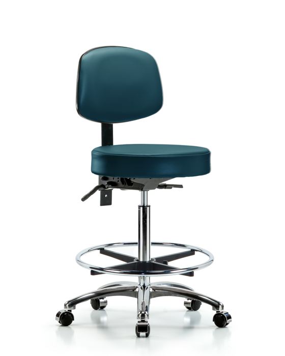 Blue Ridge Ergonomics VHBST-CR-T0-CF-CC-8801 Rutledge Vinyl Stool with Back Chrome - High Bench Height with Chrome Foot Ring & Casters in Marine Blue Supernova™ Vinyl