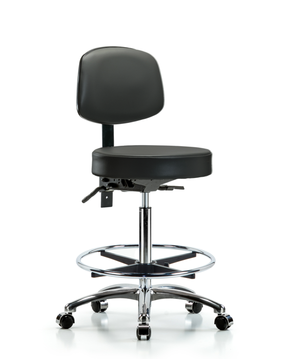 Blue Ridge Ergonomics VHBST-CR-T0-CF-CC-8823 Rutledge Vinyl Stool with Back Chrome - High Bench Height with Chrome Foot Ring & Casters in Carbon Supernova™ Vinyl