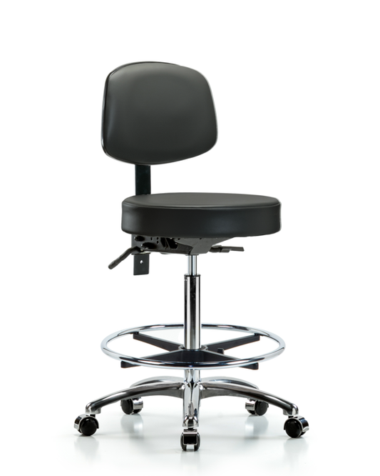Blue Ridge Ergonomics VHBST-CR-T0-CF-CC-8823 Rutledge Vinyl Stool with Back Chrome - High Bench Height with Chrome Foot Ring & Casters in Carbon Supernova™ Vinyl