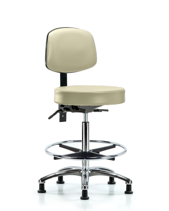 Blue Ridge Ergonomics VHBST-CR-T0-CF-RG-8501 Rutledge Vinyl Stool with Back Chrome - High Bench Height with Chrome Foot Ring & Stationary Glides in Adobe White Trailblazer™ Vinyl