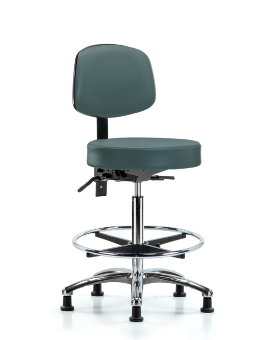 Blue Ridge Ergonomics VHBST-CR-T0-CF-RG-8546 Rutledge Vinyl Stool with Back Chrome - High Bench Height with Chrome Foot Ring & Stationary Glides in Colonial Blue Trailblazer™ Vinyl