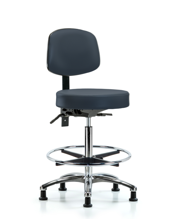 Blue Ridge Ergonomics VHBST-CR-T0-CF-RG-8582 Rutledge Vinyl Stool with Back Chrome - High Bench Height with Chrome Foot Ring & Stationary Glides in Imperial Blue Trailblazer™ Vinyl
