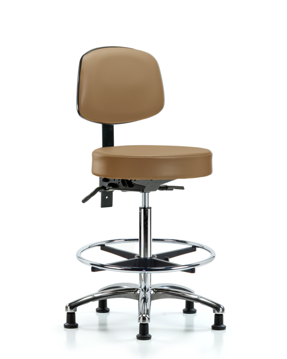 Blue Ridge Ergonomics VHBST-CR-T0-CF-RG-8584 Rutledge Vinyl Stool with Back Chrome - High Bench Height with Chrome Foot Ring & Stationary Glides in Taupe Trailblazer™ Vinyl
