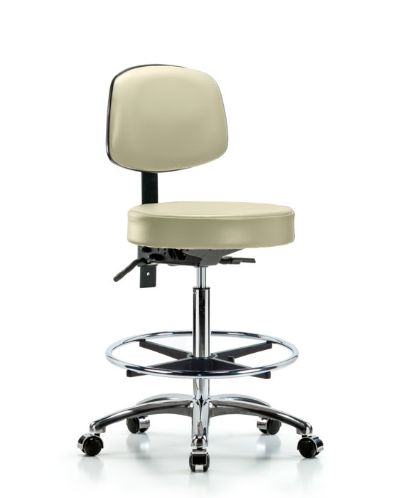 Blue Ridge Ergonomics VHBST-CR-T1-CF-CC-8501 Rutledge Vinyl Stool with Back Chrome - High Bench Height with Seat Tilt, Chrome Foot Ring, & Casters in Adobe White Trailblazer™ Vinyl