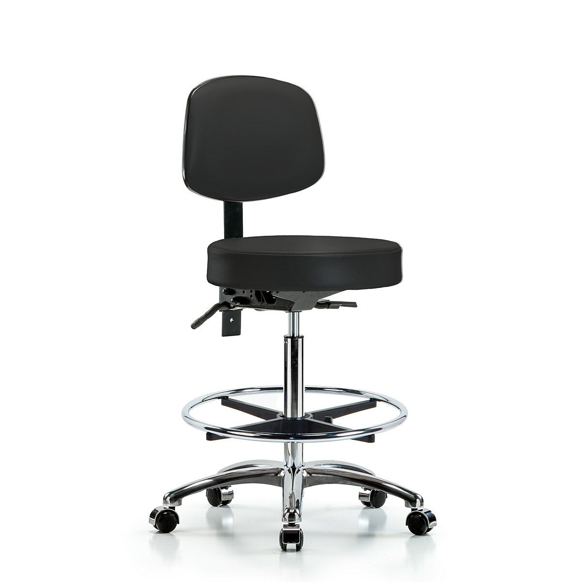 Blue Ridge Ergonomics VHBST-CR-T1-CF-CC-8540 Rutledge Vinyl Stool with Back Chrome - High Bench Height with Seat Tilt, Chrome Foot Ring, & Casters in Black Trailblazer™ Vinyl
