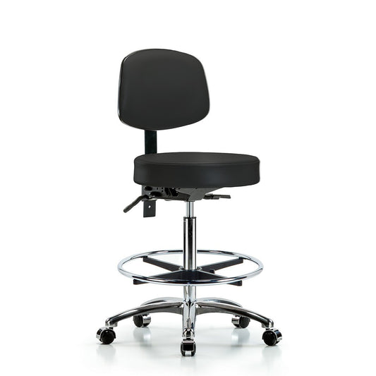 Blue Ridge Ergonomics VHBST-CR-T1-CF-CC-8540 Rutledge Vinyl Stool with Back Chrome - High Bench Height with Seat Tilt, Chrome Foot Ring, & Casters in Black Trailblazer™ Vinyl