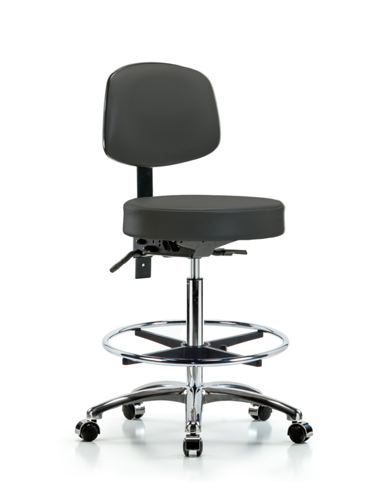 Blue Ridge Ergonomics VHBST-CR-T1-CF-CC-8605 Rutledge Vinyl Stool with Back Chrome - High Bench Height with Seat Tilt, Chrome Foot Ring, & Casters in Charcoal Trailblazer™ Vinyl