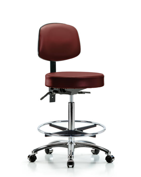 Blue Ridge Ergonomics VHBST-CR-T1-CF-CC-8815 Rutledge Vinyl Stool with Back Chrome - High Bench Height with Seat Tilt, Chrome Foot Ring, & Casters in Borscht Supernova™ Vinyl