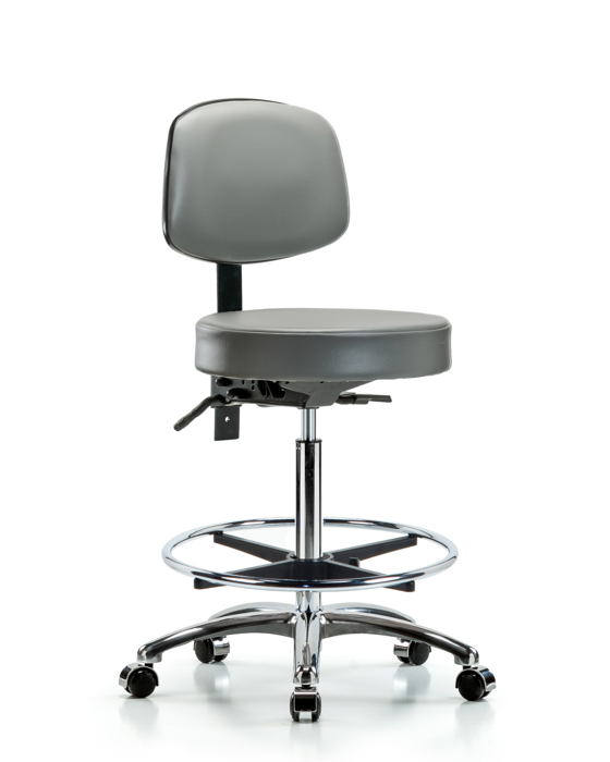 Blue Ridge Ergonomics VHBST-CR-T1-CF-CC-8840 Rutledge Vinyl Stool with Back Chrome - High Bench Height with Seat Tilt, Chrome Foot Ring, & Casters in Sterling Supernova™ Vinyl