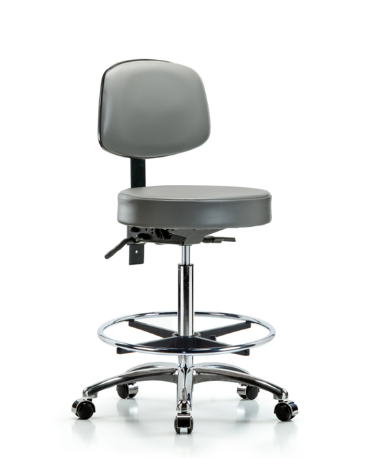 Blue Ridge Ergonomics VHBST-CR-T1-CF-CC-8840 Rutledge Vinyl Stool with Back Chrome - High Bench Height with Seat Tilt, Chrome Foot Ring, & Casters in Sterling Supernova™ Vinyl