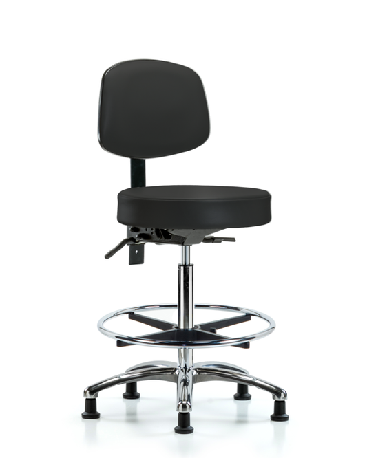 Blue Ridge Ergonomics VHBST-CR-T1-CF-RG-8540 Rutledge Vinyl Stool with Back Chrome - High Bench Height with Seat Tilt, Chrome Foot Ring, & Stationary Glides in Black Trailblazer™ Vinyl
