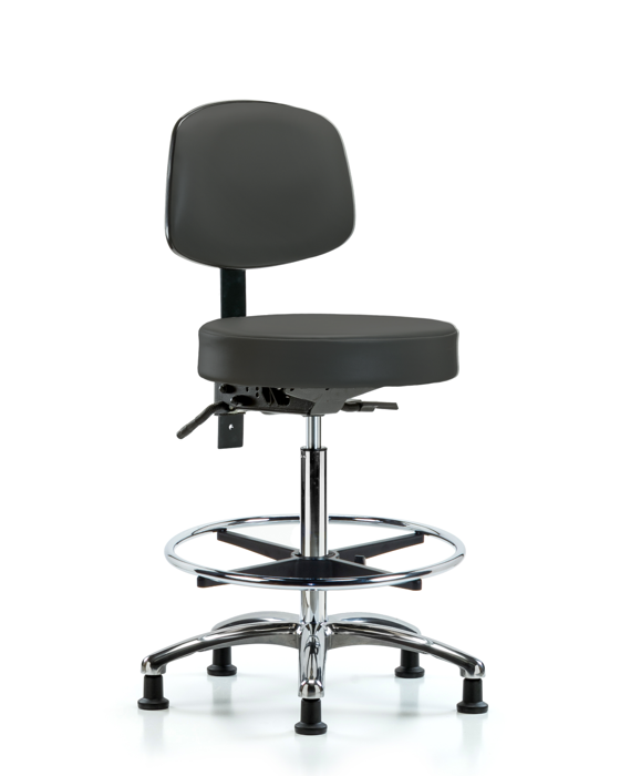 Blue Ridge Ergonomics VHBST-CR-T1-CF-RG-8605 Rutledge Vinyl Stool with Back Chrome - High Bench Height with Seat Tilt, Chrome Foot Ring, & Stationary Glides in Charcoal Trailblazer™ Vinyl