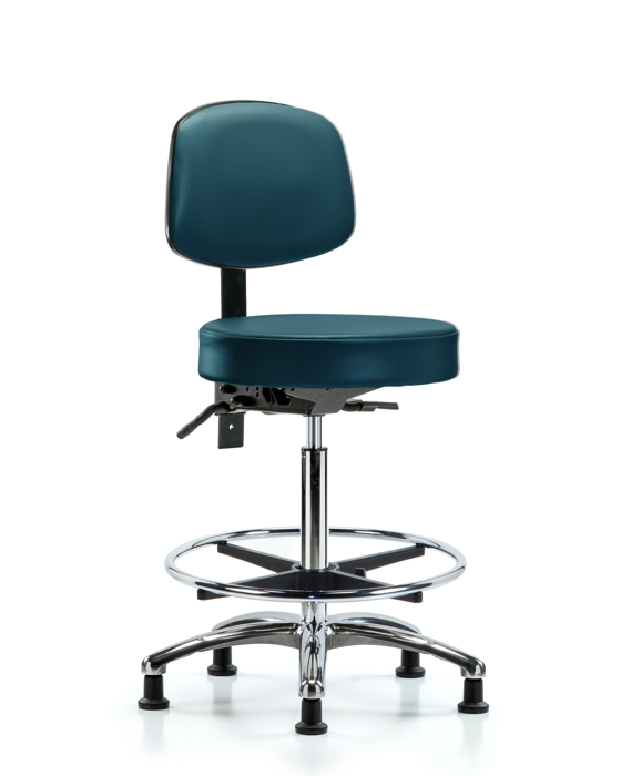 Blue Ridge Ergonomics VHBST-CR-T1-CF-RG-8801 Rutledge Vinyl Stool with Back Chrome - High Bench Height with Seat Tilt, Chrome Foot Ring, & Stationary Glides in Marine Blue Supernova™ Vinyl