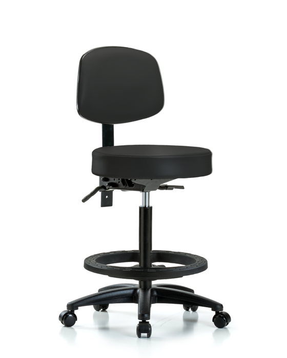 Blue Ridge Ergonomics VHBST-RG-T0-BF-RC-8540 Rutledge Vinyl Stool with Back - High Bench Height with Black Foot Ring & Casters in Black Trailblazer™ Vinyl