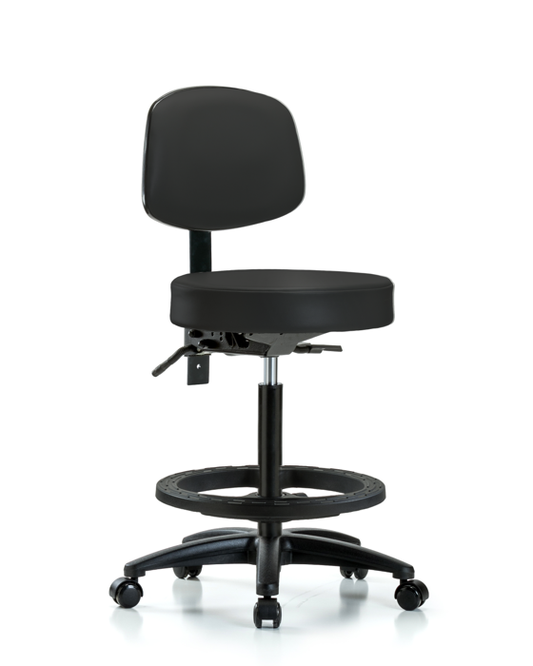 Blue Ridge Ergonomics VHBST-RG-T0-BF-RC-8540 Rutledge Vinyl Stool with Back - High Bench Height with Black Foot Ring & Casters in Black Trailblazer™ Vinyl