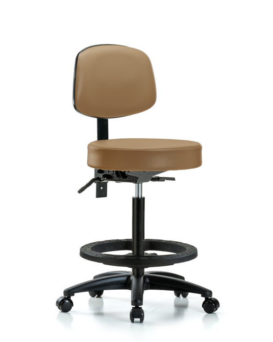 Blue Ridge Ergonomics VHBST-RG-T0-BF-RC-8584 Rutledge Vinyl Stool with Back - High Bench Height with Black Foot Ring & Casters in Taupe Trailblazer™ Vinyl