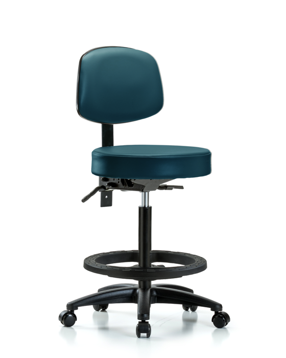 Blue Ridge Ergonomics VHBST-RG-T0-BF-RC-8801 Rutledge Vinyl Stool with Back - High Bench Height with Black Foot Ring & Casters in Marine Blue Supernova™ Vinyl