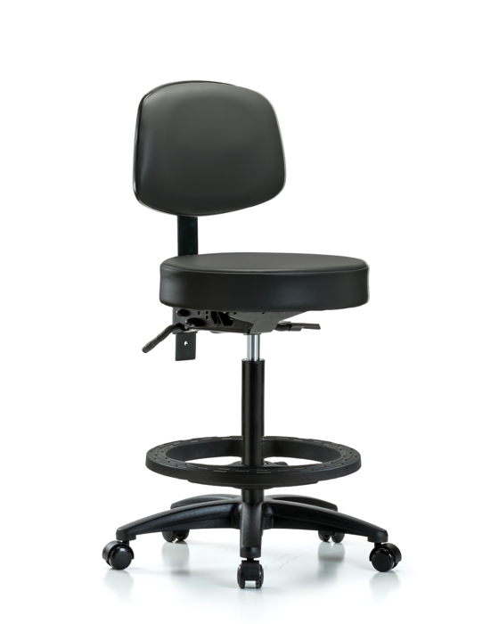 Blue Ridge Ergonomics VHBST-RG-T0-BF-RC-8823 Rutledge Vinyl Stool with Back - High Bench Height with Black Foot Ring & Casters in Carbon Supernova™ Vinyl