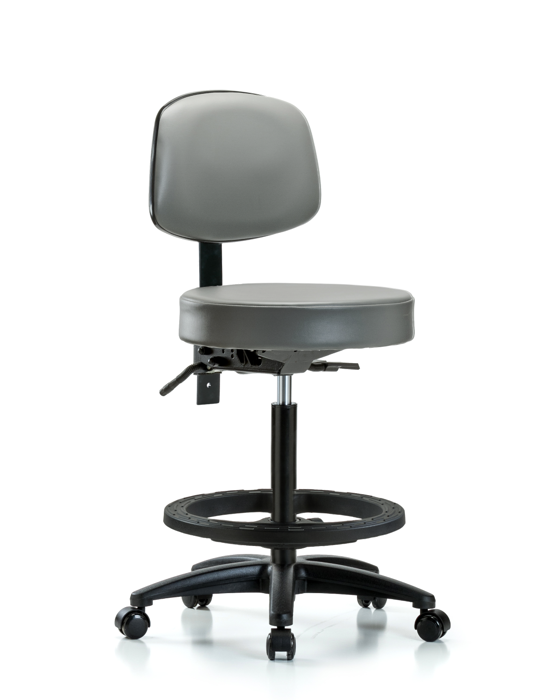 Blue Ridge Ergonomics VHBST-RG-T0-BF-RC-8840 Rutledge Vinyl Stool with Back - High Bench Height with Black Foot Ring & Casters in Sterling Supernova™ Vinyl