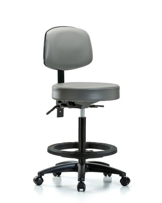 Blue Ridge Ergonomics VHBST-RG-T0-BF-RC-8840 Rutledge Vinyl Stool with Back - High Bench Height with Black Foot Ring & Casters in Sterling Supernova™ Vinyl
