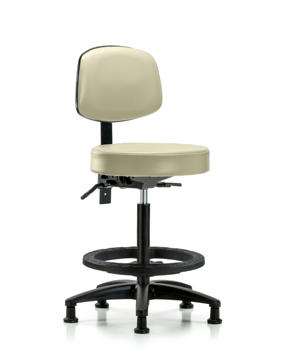 Blue Ridge Ergonomics VHBST-RG-T0-BF-RG-8501 Rutledge Vinyl Stool with Back - High Bench Height with Black Foot Ring & Stationary Glides in Adobe White Trailblazer™ Vinyl
