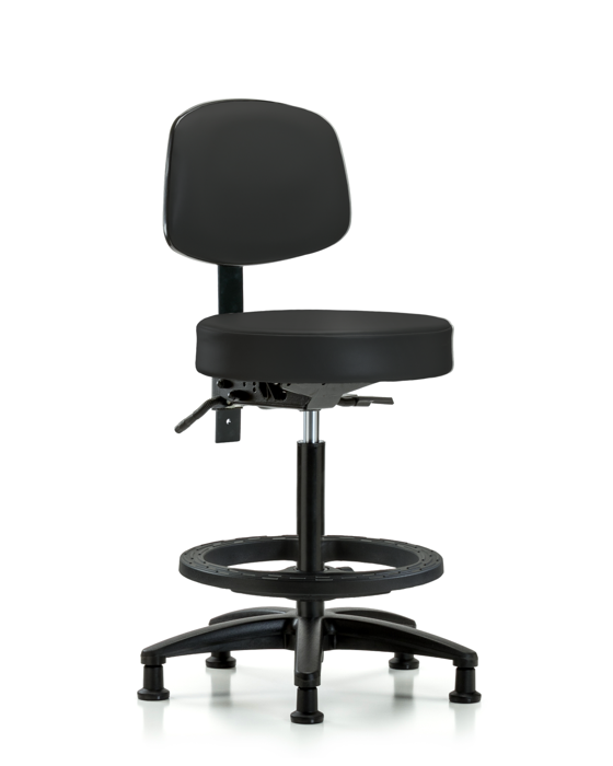 Blue Ridge Ergonomics VHBST-RG-T0-BF-RG-8540 Rutledge Vinyl Stool with Back - High Bench Height with Black Foot Ring & Stationary Glides in Black Trailblazer™ Vinyl