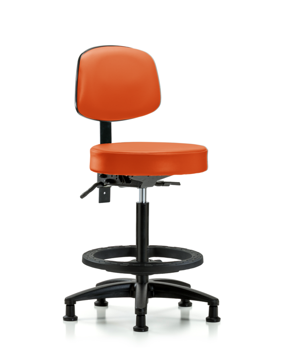 Blue Ridge Ergonomics VHBST-RG-T0-BF-RG-8613 Rutledge Vinyl Stool with Back - High Bench Height with Black Foot Ring & Stationary Glides in Orange Kist Trailblazer™ Vinyl