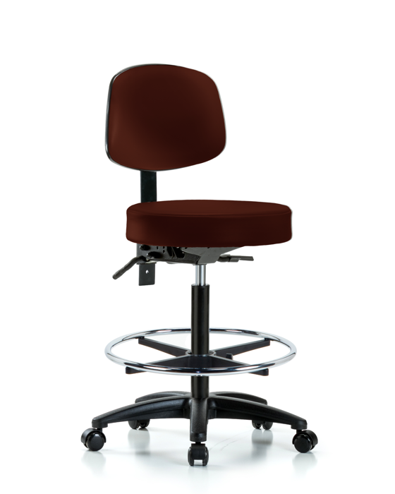 Blue Ridge Ergonomics VHBST-RG-T0-CF-RC-8569 Rutledge Vinyl Stool with Back - High Bench Height with Chrome Foot Ring & Casters in Burgundy Trailblazer™ Vinyl
