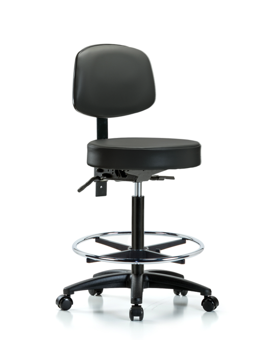 Blue Ridge Ergonomics VHBST-RG-T0-CF-RC-8823 Rutledge Vinyl Stool with Back - High Bench Height with Chrome Foot Ring & Casters in Carbon Supernova™ Vinyl