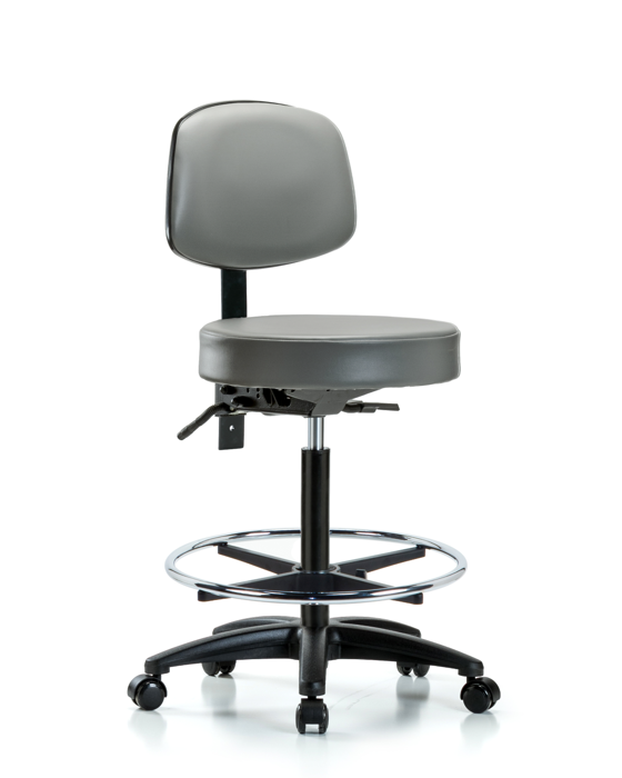 Blue Ridge Ergonomics VHBST-RG-T0-CF-RC-8840 Rutledge Vinyl Stool with Back - High Bench Height with Chrome Foot Ring & Casters in Sterling Supernova™ Vinyl