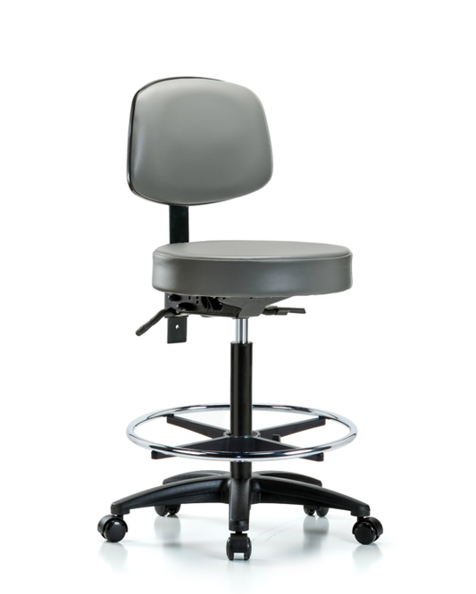 Blue Ridge Ergonomics VHBST-RG-T0-CF-RC-8840 Rutledge Vinyl Stool with Back - High Bench Height with Chrome Foot Ring & Casters in Sterling Supernova™ Vinyl
