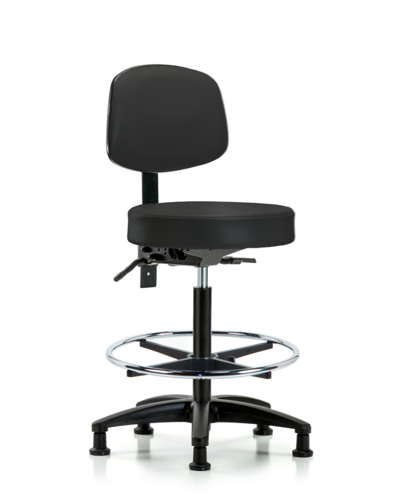 Blue Ridge Ergonomics VHBST-RG-T0-CF-RG-8540 Rutledge Vinyl Stool with Back - High Bench Height with Chrome Foot Ring & Stationary Glides in Black Trailblazer™ Vinyl