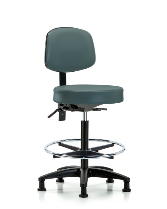 Blue Ridge Ergonomics VHBST-RG-T0-CF-RG-8546 Rutledge Vinyl Stool with Back - High Bench Height with Chrome Foot Ring & Stationary Glides in Colonial Blue Trailblazer™ Vinyl