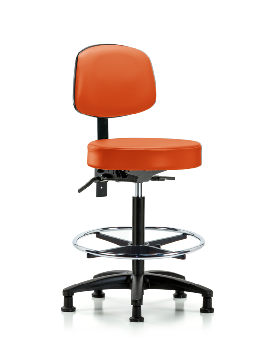 Blue Ridge Ergonomics VHBST-RG-T0-CF-RG-8613 Rutledge Vinyl Stool with Back - High Bench Height with Chrome Foot Ring & Stationary Glides in Orange Kist Trailblazer™ Vinyl