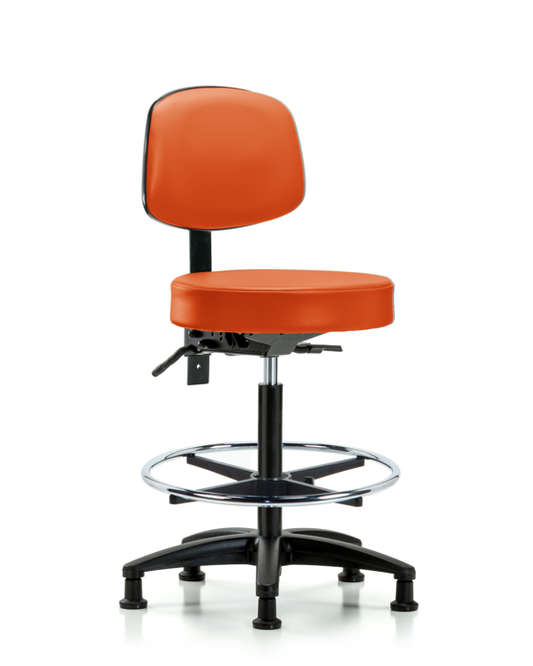 Blue Ridge Ergonomics VHBST-RG-T0-CF-RG-8613 Rutledge Vinyl Stool with Back - High Bench Height with Chrome Foot Ring & Stationary Glides in Orange Kist Trailblazer™ Vinyl