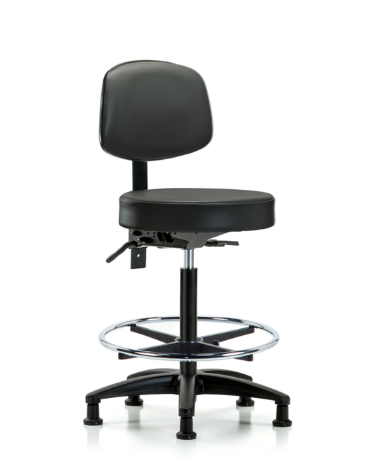 Blue Ridge Ergonomics VHBST-RG-T0-CF-RG-8823 Rutledge Vinyl Stool with Back - High Bench Height with Chrome Foot Ring & Stationary Glides in Carbon Supernova™ Vinyl