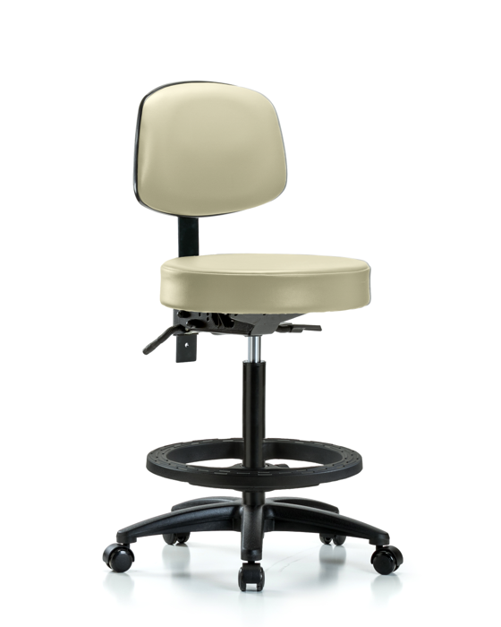 Blue Ridge Ergonomics VHBST-RG-T1-BF-RC-8501 Rutledge Vinyl Stool with Back - High Bench Height with Seat Tilt, Black Foot Ring, & Casters in Adobe White Trailblazer™ Vinyl