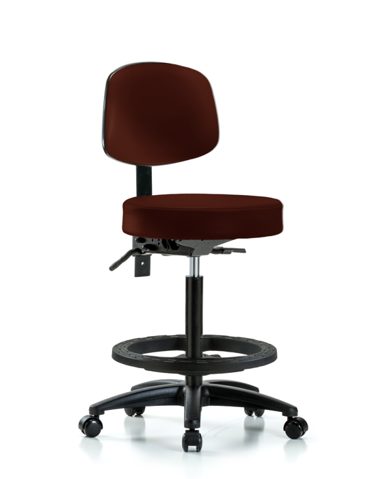 Blue Ridge Ergonomics VHBST-RG-T1-BF-RC-8569 Rutledge Vinyl Stool with Back - High Bench Height with Seat Tilt, Black Foot Ring, & Casters in Burgundy Trailblazer™ Vinyl