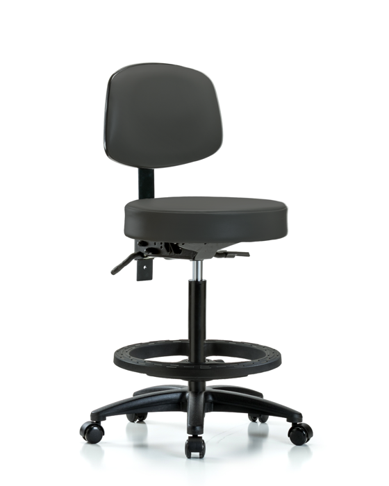 Blue Ridge Ergonomics VHBST-RG-T1-BF-RC-8605 Rutledge Vinyl Stool with Back - High Bench Height with Seat Tilt, Black Foot Ring, & Casters in Charcoal Trailblazer™ Vinyl