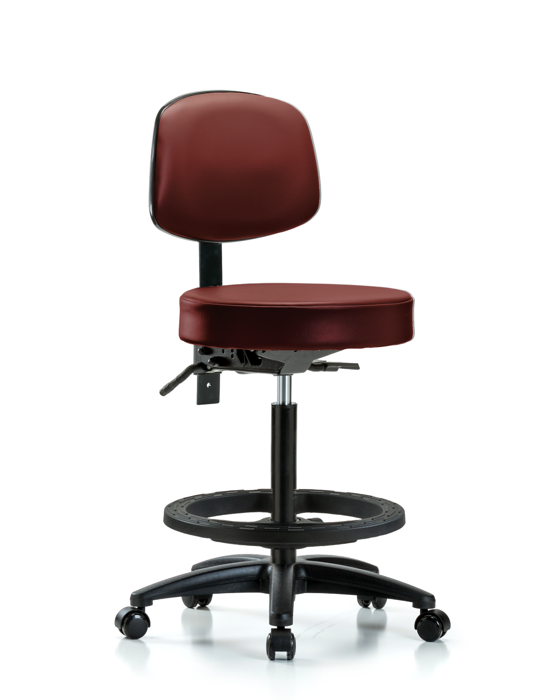 Blue Ridge Ergonomics VHBST-RG-T1-BF-RC-8815 Rutledge Vinyl Stool with Back - High Bench Height with Seat Tilt, Black Foot Ring, & Casters in Borscht Supernova™ Vinyl