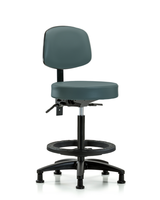 Blue Ridge Ergonomics VHBST-RG-T1-BF-RG-8546 Rutledge Vinyl Stool with Back - High Bench Height with Seat Tilt, Black Foot Ring, & Stationary Glides in Colonial Blue Trailblazer™ Vinyl