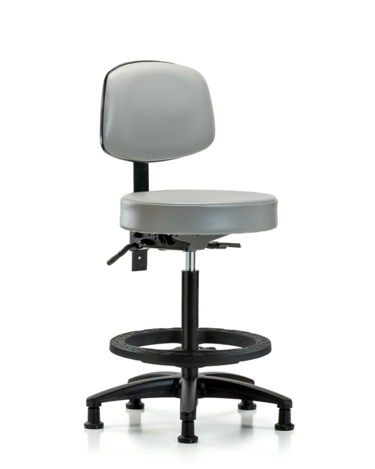 Blue Ridge Ergonomics VHBST-RG-T1-BF-RG-8567 Rutledge Vinyl Stool with Back - High Bench Height with Seat Tilt, Black Foot Ring, & Stationary Glides in Dove Trailblazer™ Vinyl