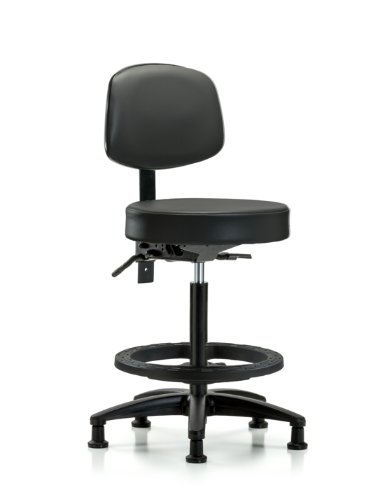 Blue Ridge Ergonomics VHBST-RG-T1-BF-RG-8823 Rutledge Vinyl Stool with Back - High Bench Height with Seat Tilt, Black Foot Ring, & Stationary Glides in Carbon Supernova™ Vinyl